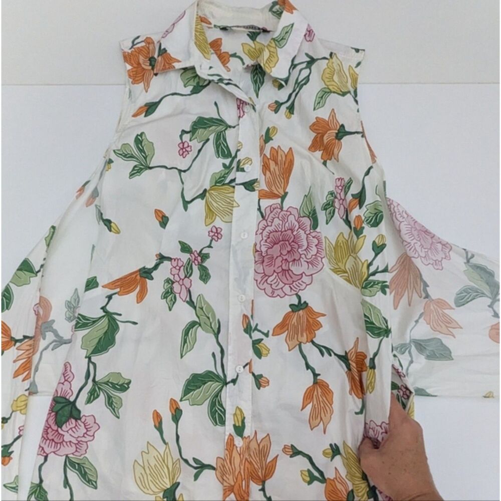 Zara White Floral Shirt Dress Size S/M Sleeveless Front Wrap Tie Cotton Summer - Picture 9 of 12